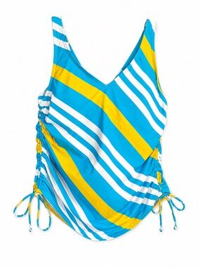 NWT Lands’ End tankini swim top - vibrant blue, white, and yellow striped print.